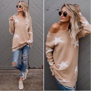 Fantastic Fawn Distressed Pullover Star Print Sweater White Stars Beachy Boho L